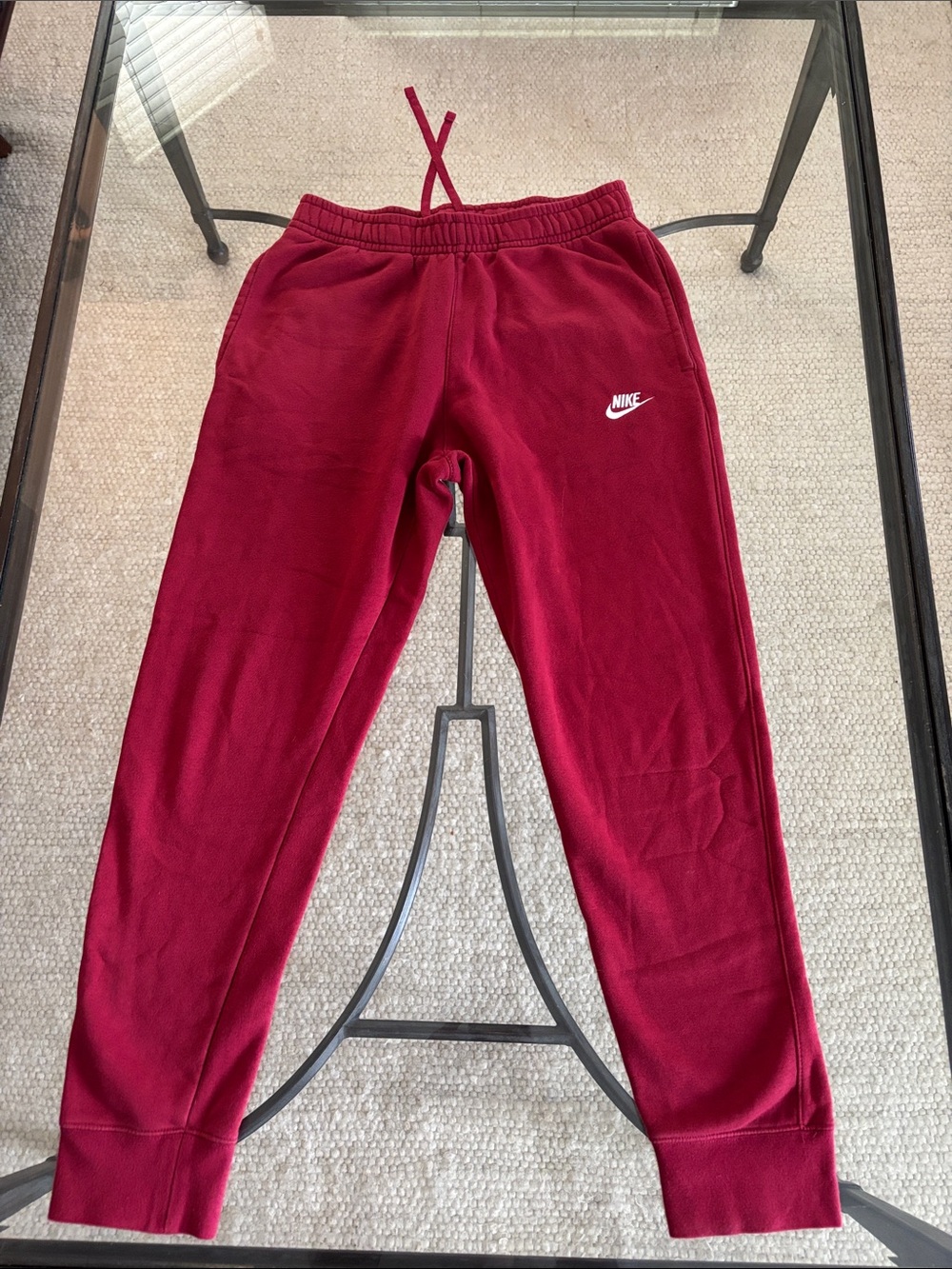 Nike Men's Burgundy Joggers with White Swoosh